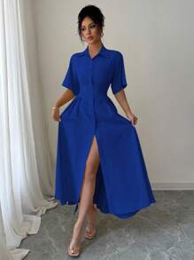 Elenzga Vestido amarillo con diseño de botones monocillo y corte evasé - azul real - Ver 5