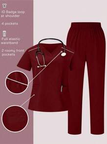 TaskEZ Plus Size Solid Color Short Sleeve Scrubs Set With Long Pants For /Nursing Uniforms - Burgundy - View 1