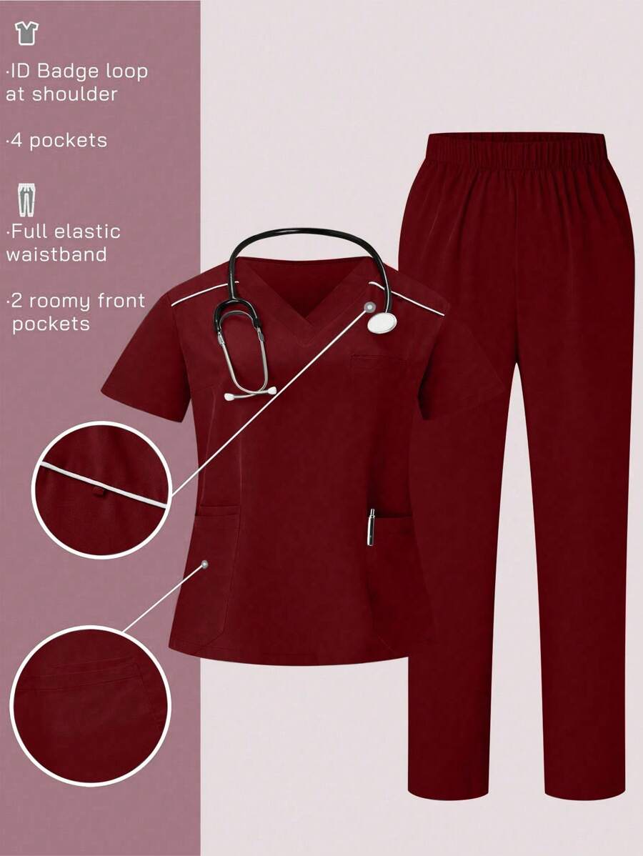 TaskEZ Plus Size Solid Color Short Sleeve Scrubs Set With Long Pants For /Nursing Uniforms - Burgundy - View 1
