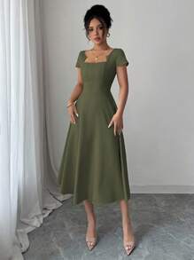 Elenzga Váy chữ A tay ngắn thanh lịch cho nữ, cổ tròn, ngực xẻ, có thắt lưng, mùa xuân/hè, thích hợp mặc đi làm, trà chiều, tiệc tùng - xanh quân đội - Xem 3