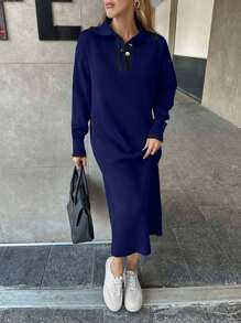 EURMUSE Women's Knitwear Dress With Polo Neck,Petite - Navy Blue - View 4