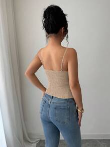 Elenzga 优雅纯色褶饰不对称下摆细肩带，夏季 - 卡其色 - 查看 2