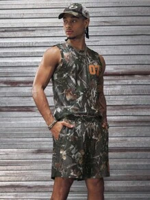 AXEPEAK Conjunto de camiseta de tirantes de cuello redondo y shorts con bolsillo, estampado completo, moda para hombres - Multicolor - Ver 5