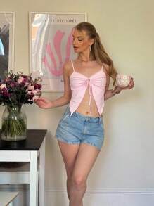 CovetEZ Women's Baby Pink Summer Elegant Y2k Night Out Butterfly Embroidery Backless Camisole Top,Ring Drawstring Asymmetrical Split Hem Perspective - Pink - View 3