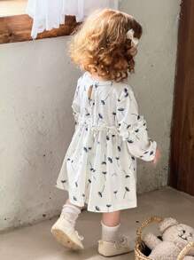 SHEIN Baby Girl Spring&Autumn Casual Printing Long Sleeves Dress - Beige - View 2