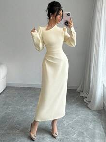 Selianne 女士杏色不对称领口泡泡袖收腰开衩连衣裙 - 杏色 - 查看 3