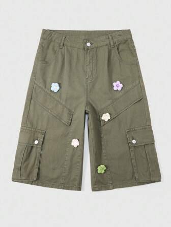 Street Life Pantalones vaqueros cargo con decoración floral 3D lavada para hombres