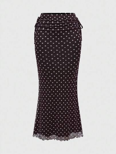 Jupe vintage romantique à volants avec imprimé pois sur tout le corps et ourlet de sirène, idéale pour la rentrée scolaire pour femmes