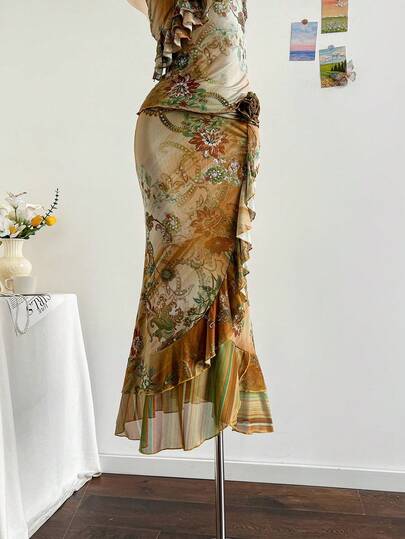 Soleia New Knitted Floral Print Ruffle Design Skirt Ruffle Skirt Earthy Clothes Women,Brown Dress,Vacation Outfits For Women,Vacation Outfits For Women, Scarf Dress Bohemian Skirt, Leopard Print,Carnival