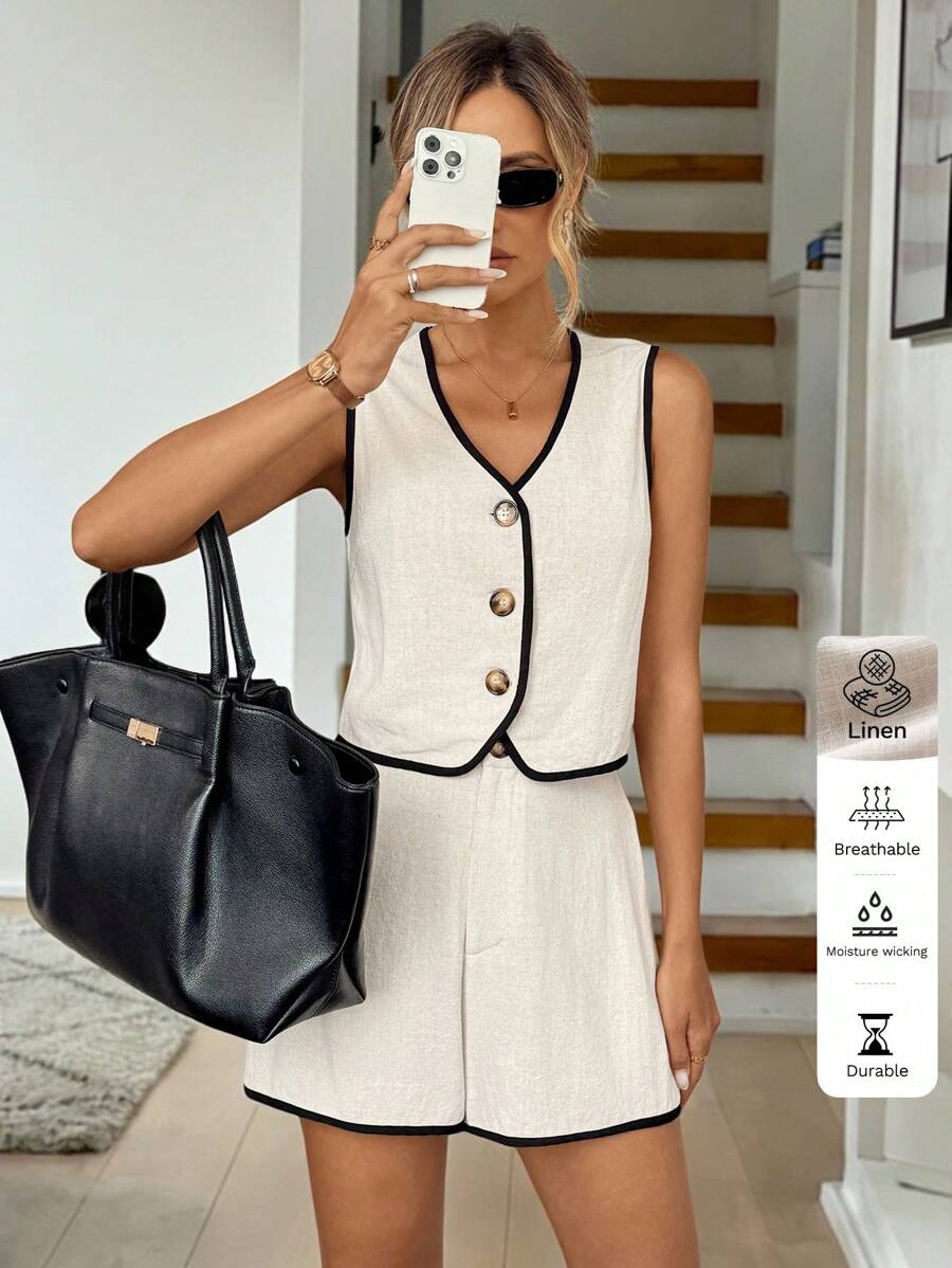 Easowa 2 件套女士夏季亚麻背心和短裤套装，适合机场装女士夏装女士教师装亚麻教师装商务职业女士纽扣衬衫套装工作服旧钱亚麻两件套 2 件背心和短裤套装女士两件亚麻套装奶油色两件套两件短裤套装女士女士亚麻夏季装女士教师装旧钱风格 - 杏色 - 查看 1