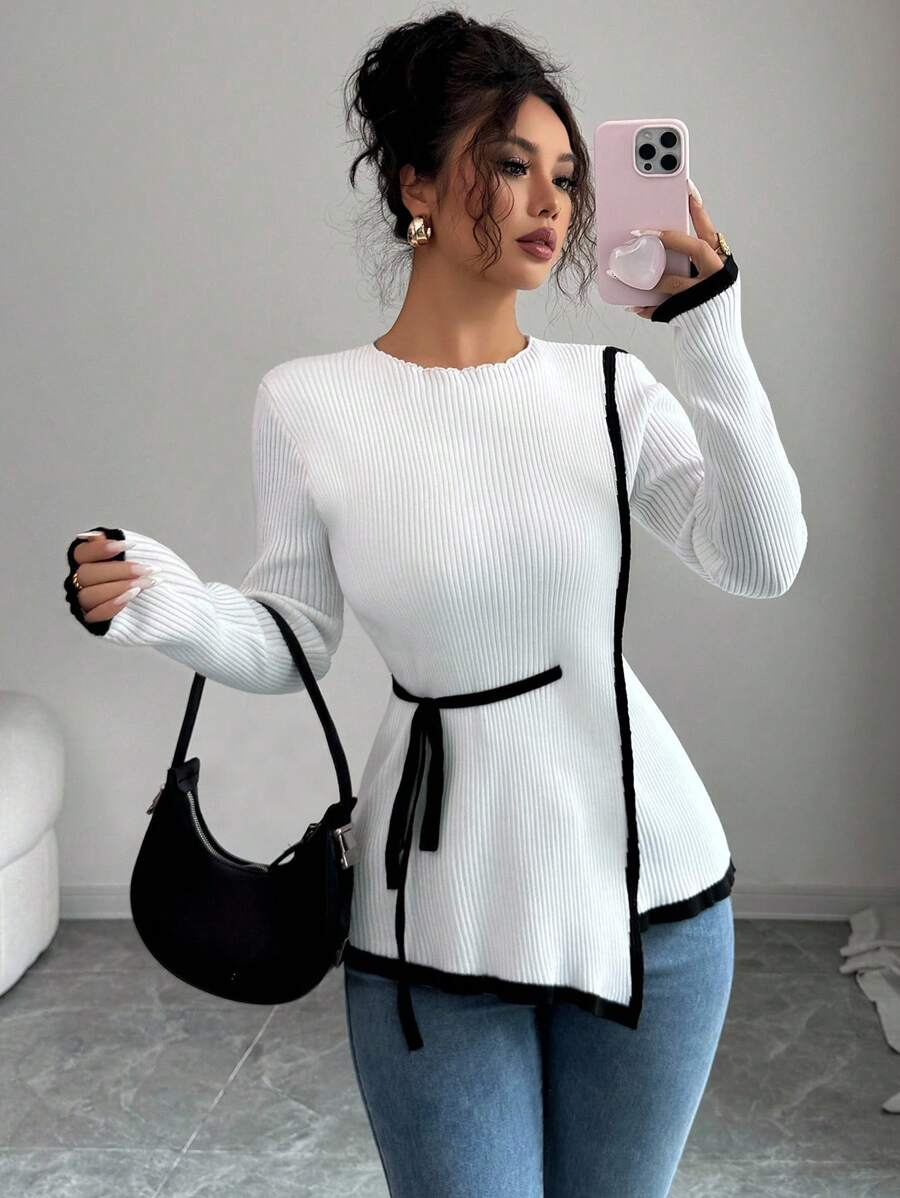 Selianne Suéter de mujer de cuello redondo de manga larga con diseño asimétrico de corbata de dos en uno y rayas de color contrastante, versátil para múltiples ocasiones y temporadas, otoño/invierno