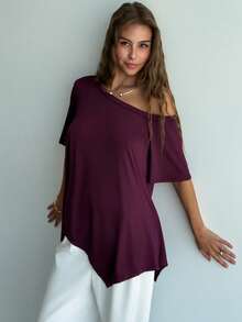 Aloruh Women's Solid Color Asymmetrical Neck Casual Loose Short Sleeve T-Shirt, Summer - Purple - View 3