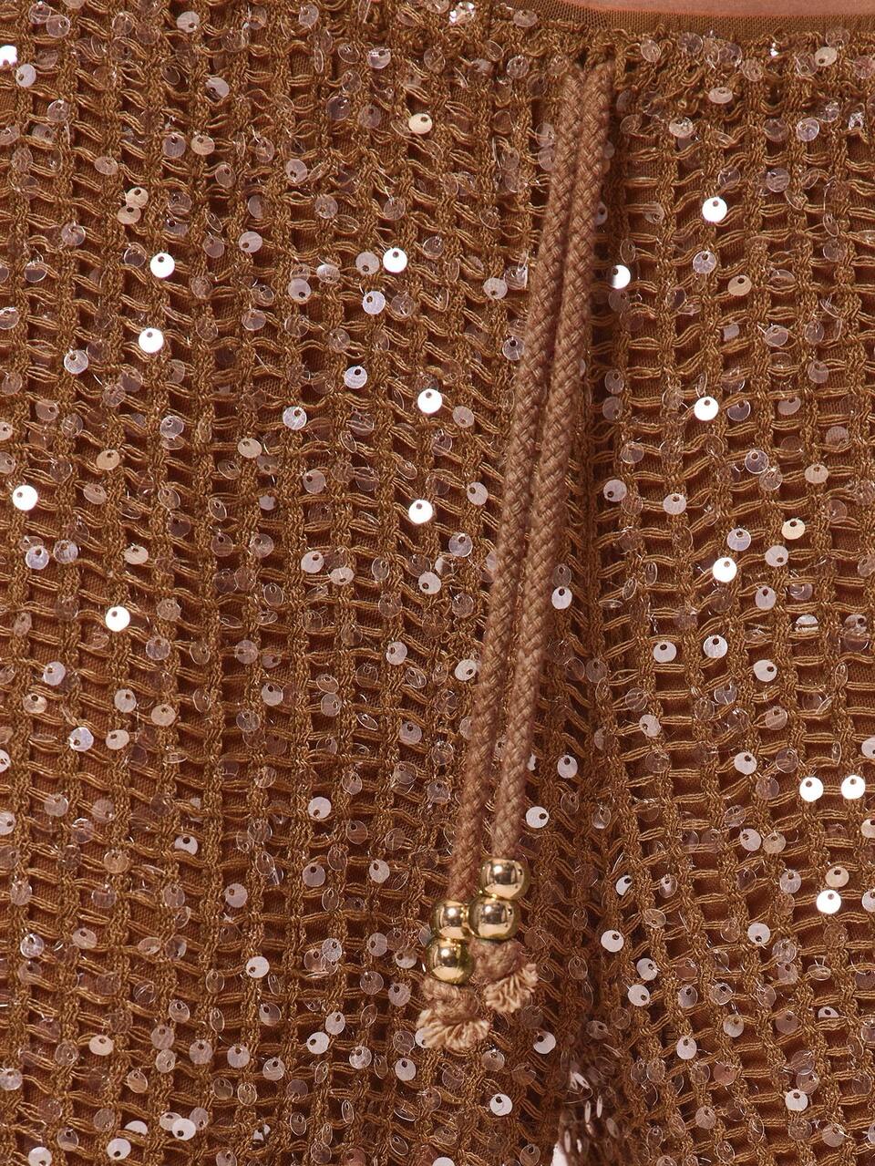 Brown Sequin Drawstring Waist Relaxed Wide Leg Beach Cover Up Trousers