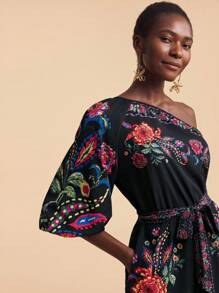 Travachic Short Floral Print Jumpsuit With Belted Waist And Three-Quarter Flounce Sleeve - Black - View 8