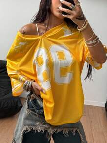 Coolane 女士春夏节日外出街头服饰复古透气网眼数字图案棒球服红色球衣