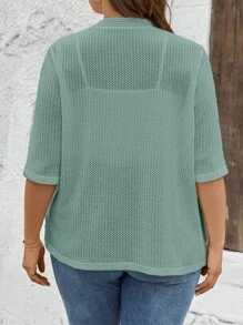 SHEIN LUNE ياقة مفتوحة جاكيت مناسب للمرأة بحجم كبير مصنوع من نسيج مزخرف، بأكمام 3/4