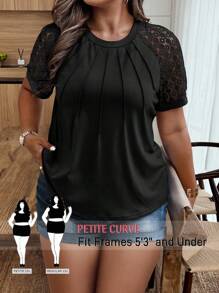 SHEIN PETITE 大码女式撞色蕾丝短袖休闲T恤，牙签条纹设计，夏季 - 黑色 - 查看 1
