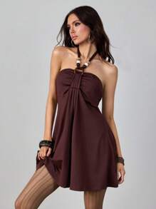 ROMWE Hippie 嬉皮复古木珠项链喇叭下摆女式迷你连衣裙 - 棕色 - 查看 4