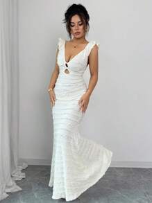 Rafferiza Váy nghỉ mát hở lưng màu trắng cho nữ có cổ chữ V sâu và dáng ôm sát, họa tiết độc đáo - trắng - Xem 3