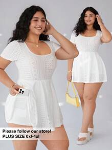 Solflare Traje de una pieza casual de manga corta y color liso para mujer talla grande, para vacaciones en la playa, uso diario, ropa primavera-verano - Blanco - Ver 1
