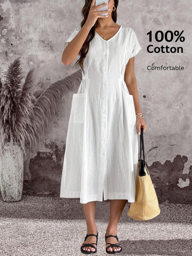 Women's Casual Solid Color Button Front Long Dress, Summer Dresses For Women Summer