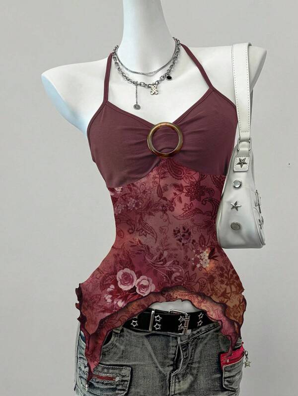 SHEIN EZwear Casual Minimalist Printed Mesh Tank Top For Women, Suitable For Summer Floral Print Top Suitable For Going Out, Halter Top