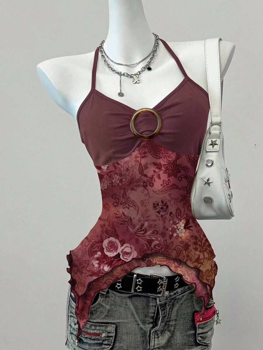 SHEIN EZwear 女士休闲简约印花网眼背心,适合夏季 - 玫紅色 - 查看 1