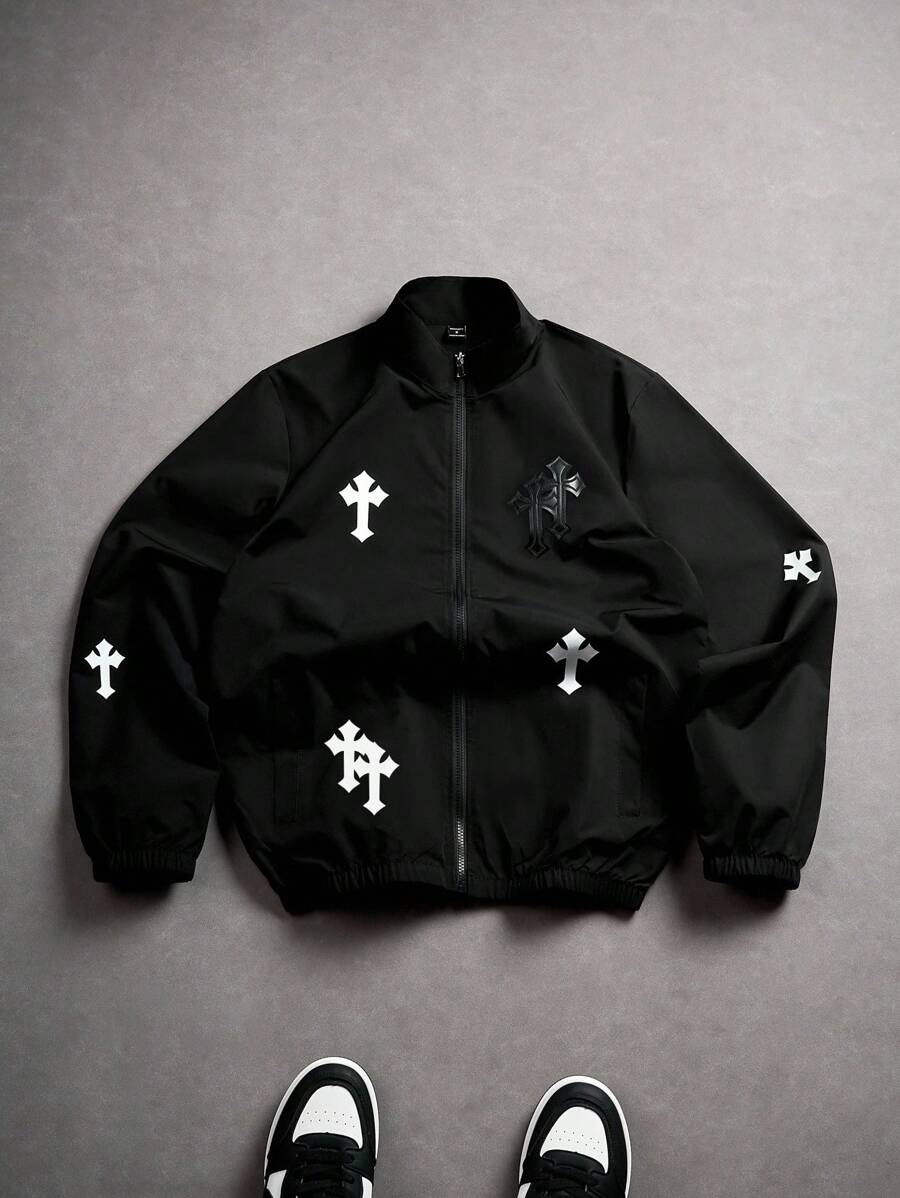 PAVTROS Manfinity Streetrush Men's Street Wear Jacket, INS Style With Cross Print And Cross Leather Patch, Stand Collar Zip Design, Suitable For Daily Wear, Outings, Sports & Leisure, School, Party, Music Festival. Can Be Given As Gift For Friend Or Boyfriend. Street Fashion , Graphic Jacket Zip Up , Black Graphic Jacket , Y2k Jacket , Jesus Jacket, Cross Jacket, Goth Zip Up, God Jacket, Grunge, Fall