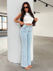EURMUSE WOMEN HIGH WAIST SKINNY FLARE EVERYDAY CASUAL JEAN STRETCH LIGHT BLUE High Waisted Jeans Flared Jeans For Women Bootcut Jeans Wide Leg Jeans Jeans - Light Wash - View 5