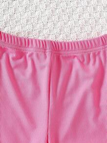 Young Girl Colorful Crocheted Striped 3D Floral Top And Pink Ribbed Flare Pants Set - Pink - View 4