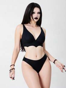 ROMWE Goth Bộ bikini 2 mảnh áo bikini trơn màu và quần tam giác cho nữ, Halloween - màu đen - Xem 5
