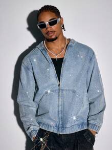 ROMWE MEN Street Life Men's Autumn Long Sleeve Pocket Zipper Collar Sparkling Diamond Denim Hooded Jacket - Blue - View 3