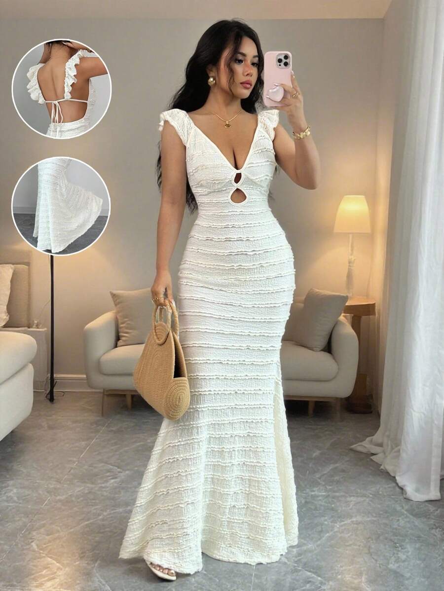 Rafferiza Váy nghỉ mát hở lưng màu trắng cho nữ có cổ chữ V sâu và dáng ôm sát, họa tiết độc đáo - trắng - Xem 1