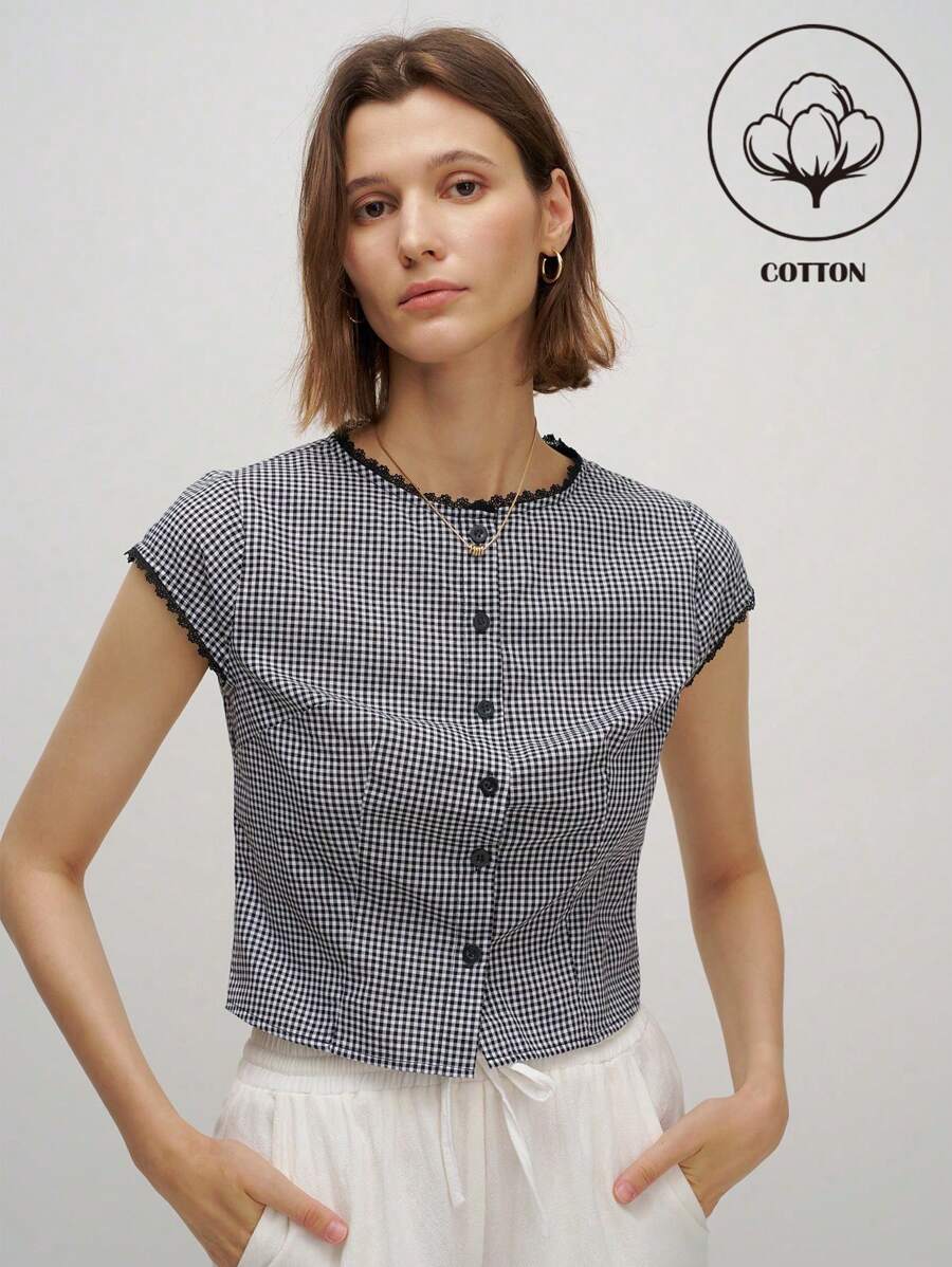 Airaco 女式格子卷袖单排扣休闲衬衫，夏季 - 黑色 - 查看 1