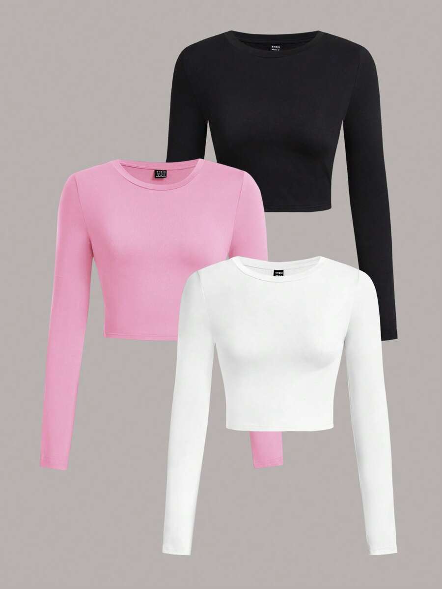 SHEIN EZwear 3 件套休闲百搭圆领长袖短款修身女式 T 恤,适合春秋季节 - 彩色 - 查看 1