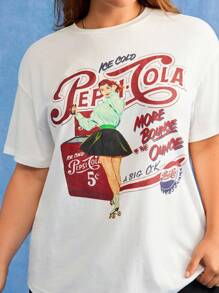 PEPSI X SHEIN 大码夏季休闲字母和肖像图案圆领短袖T恤