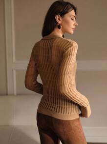 MOTF PREMIUM 贴花 POLO 领修身纹理针织毛衣 针织套头衫 秋冬 - 卡其色 - 查看 8