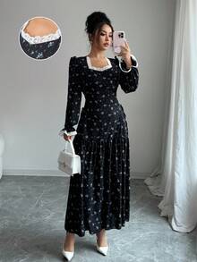 Modelyn 女式锁孔领口灯笼袖碎花泡泡长袖优雅连衣裙 - 黑色 - 查看 5