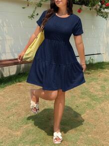 Solflare Vestido informal de talla grande de unicolor con la cintura definida para el verano - Azul Marino - Ver 5