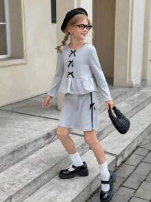 SHEIN Tween Girl Bow Decor Long Sleeve Ruffle Hem T-Shirt And Skirt Set - Grey - View 7