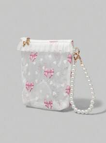 ROMWE Kawaii Bow Pattern: 401422 Transparent PVC Heart Lace Clutch Makeup Bag Coin Purse Earphone Lipstick Portable Storage Bag, Gift - White - View 2