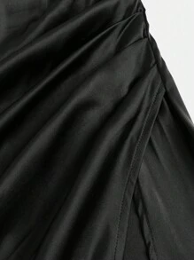 Pitira Pitira 少女派对装下摆褶皱侧开衩大腿缎面细肩带伴娘礼服优雅正式晚会舞会婚礼宾客礼服，适合毕业典礼、晚宴派对礼服 - 黑色 - 查看 5