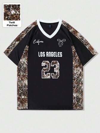 Prep Chaqueta de béisbol con parches de estampado de leopardo "LOS ANGELES" 23 imprescindible para hombres, sudadera con bordado de encaje y aplicaciones de leopardo