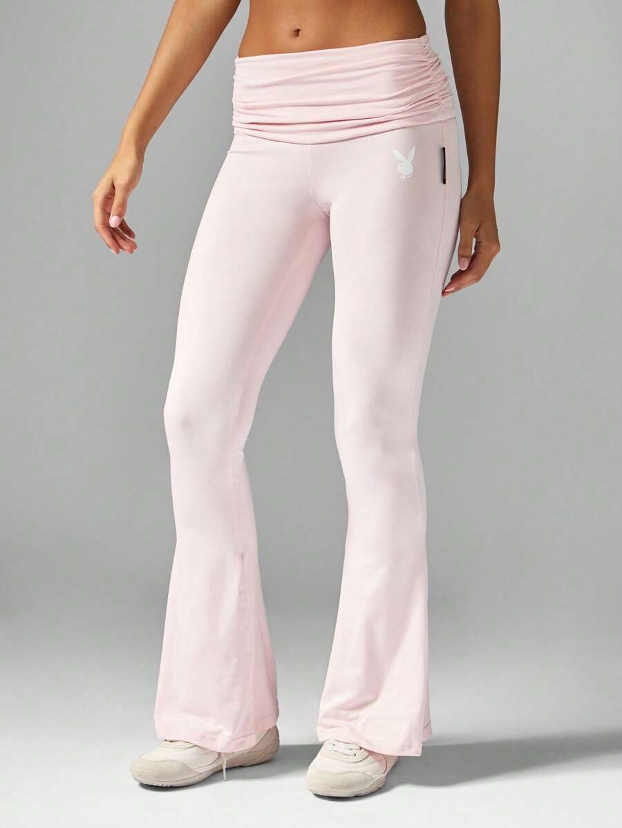 Missguided x Playboy Pantalones acampanados de cintura alta plegados, pantalones de vestir de otoño e invierno para el tiempo libre, pantalones clásicos casuales, pantalones ajustados acampanados de ocio - Rosa - Ver 1