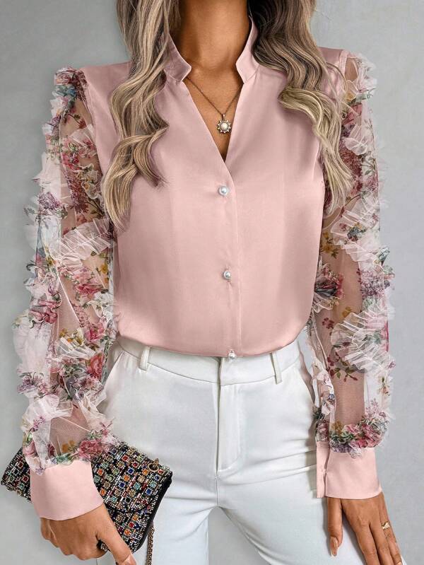 SHEIN Clasi Cămașă elegantă casual pentru femei cu imprimeu patchwork