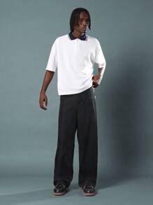 SUMWON 宽腿斜纹裤，带环状细节，商务休闲工作服，办公室裤，秋冬必备，舒适经典直筒剪裁男装 - 黑色 - 查看 2