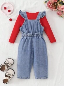 SHEIN 2 件套女婴秋冬长袖上衣和裤子套装，樱桃印花，前开扣，腰部褶皱设计 - 彩色 - 查看 2
