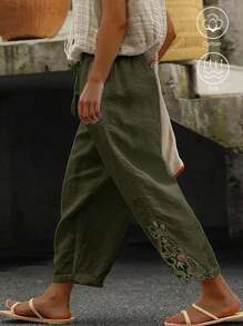 SHEIN LUNE Plus Size Casual Linen Patchwork Embroidered Floral Hem Pants - Army Green - View 1