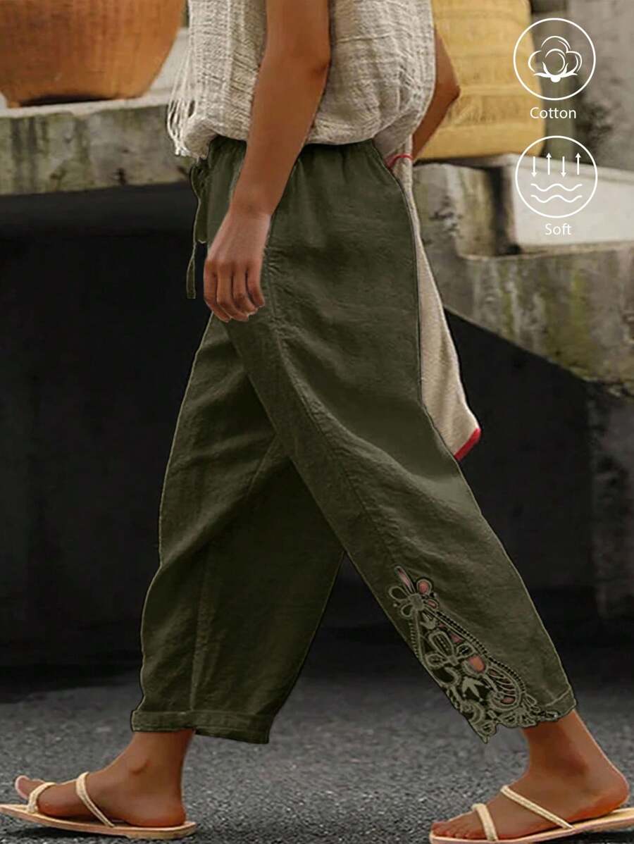 SHEIN LUNE Plus Size Casual Linen Patchwork Embroidered Floral Hem Pants - Army Green - View 1