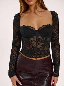 SHEIN BAE 女士优雅性感纯色蕾丝修身短款上衣 - 黑色 - 查看 4